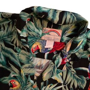 Paradise Found Hawaiian Shirt Men XL Black Tropical Parrot Palm Leaf Rayon Aloha